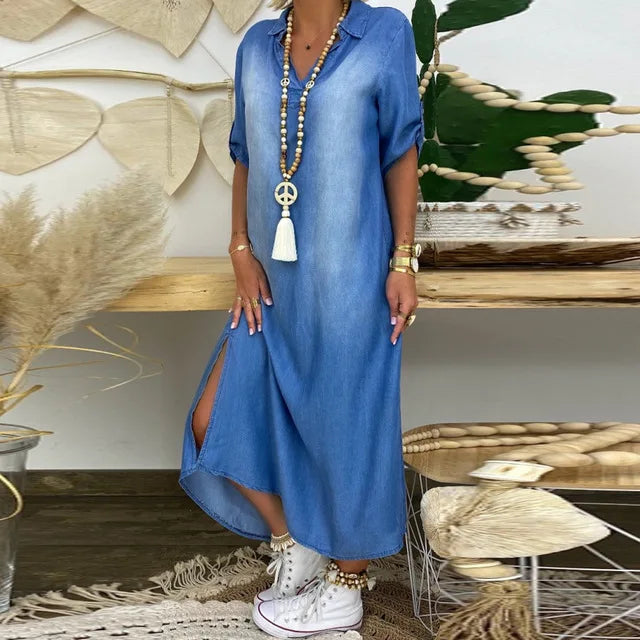 Lea™ | Robe longue en denim avec fente sur le côté