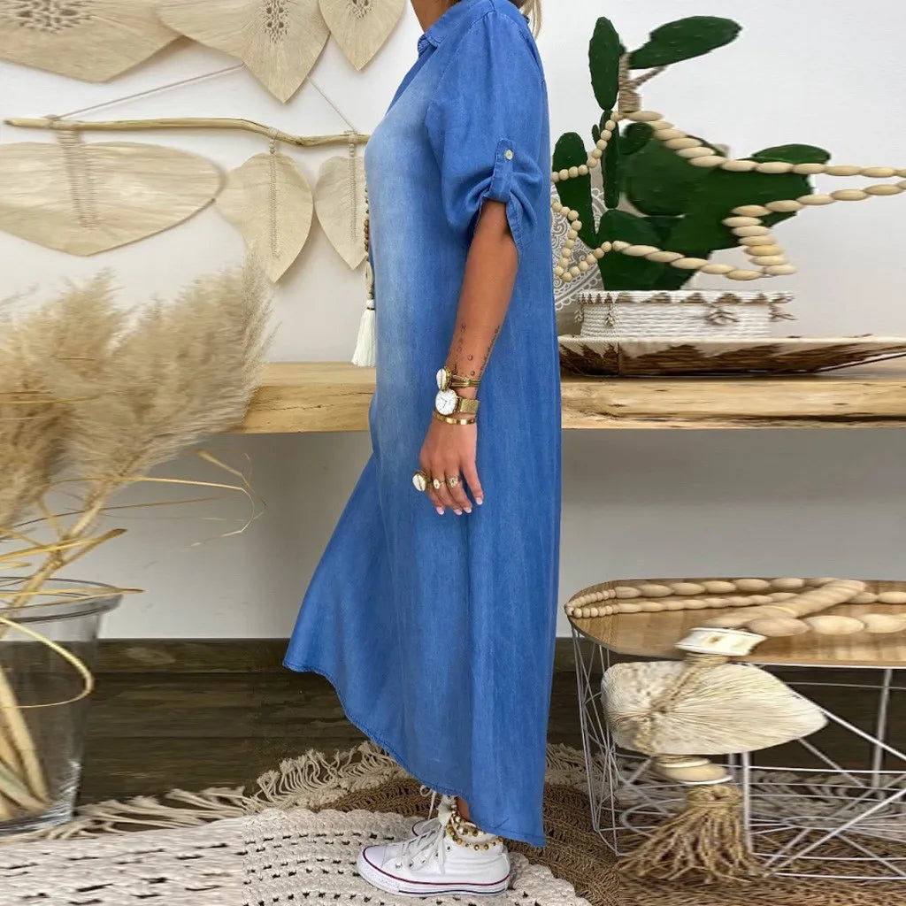 Lea™ | Robe longue en denim avec fente sur le côté