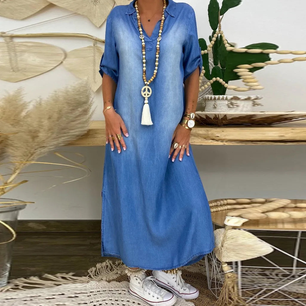 Lea™ | Robe longue en denim avec fente sur le côté