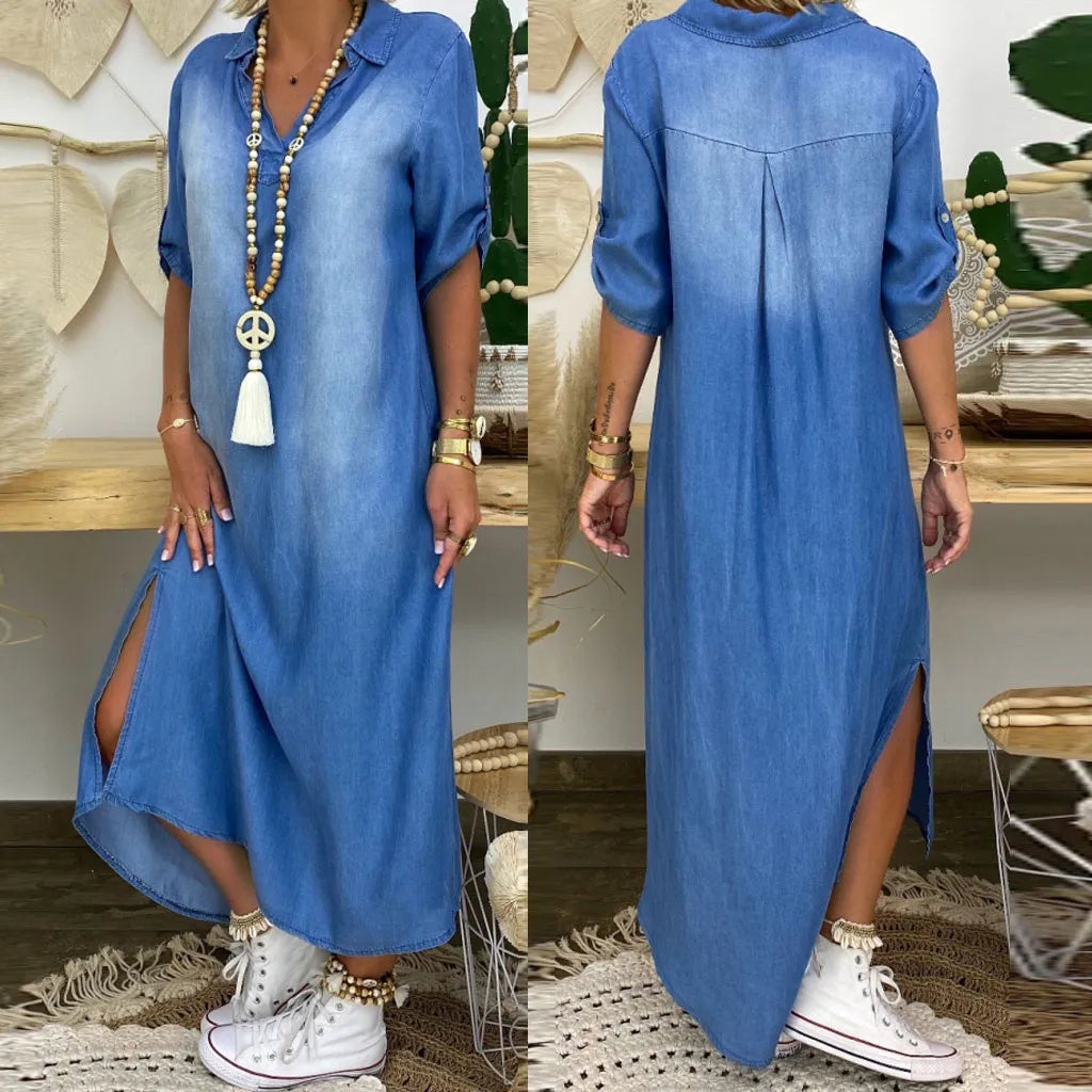 Lea™ | Robe longue en denim avec fente sur le côté