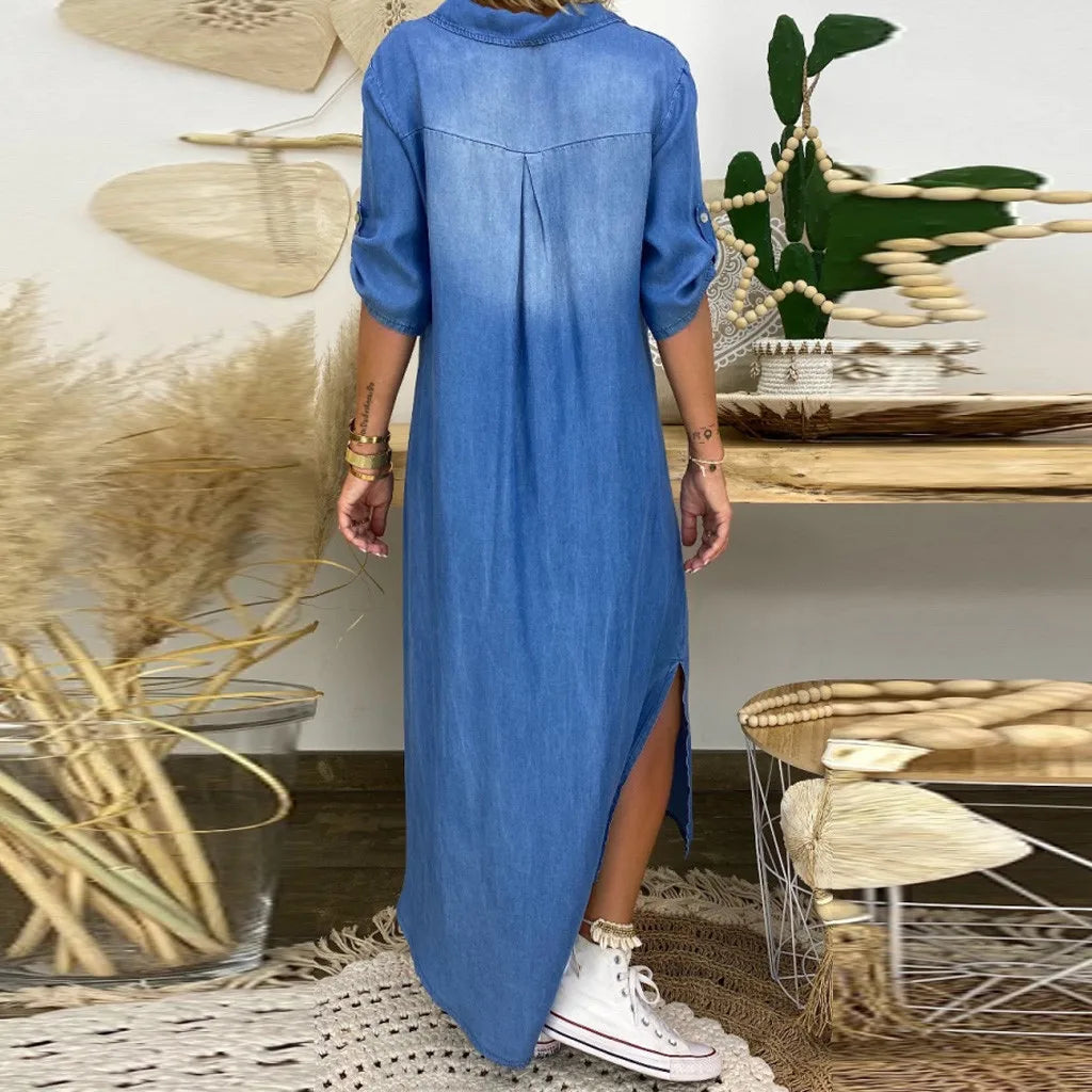 Lea™ | Robe longue en denim avec fente sur le côté