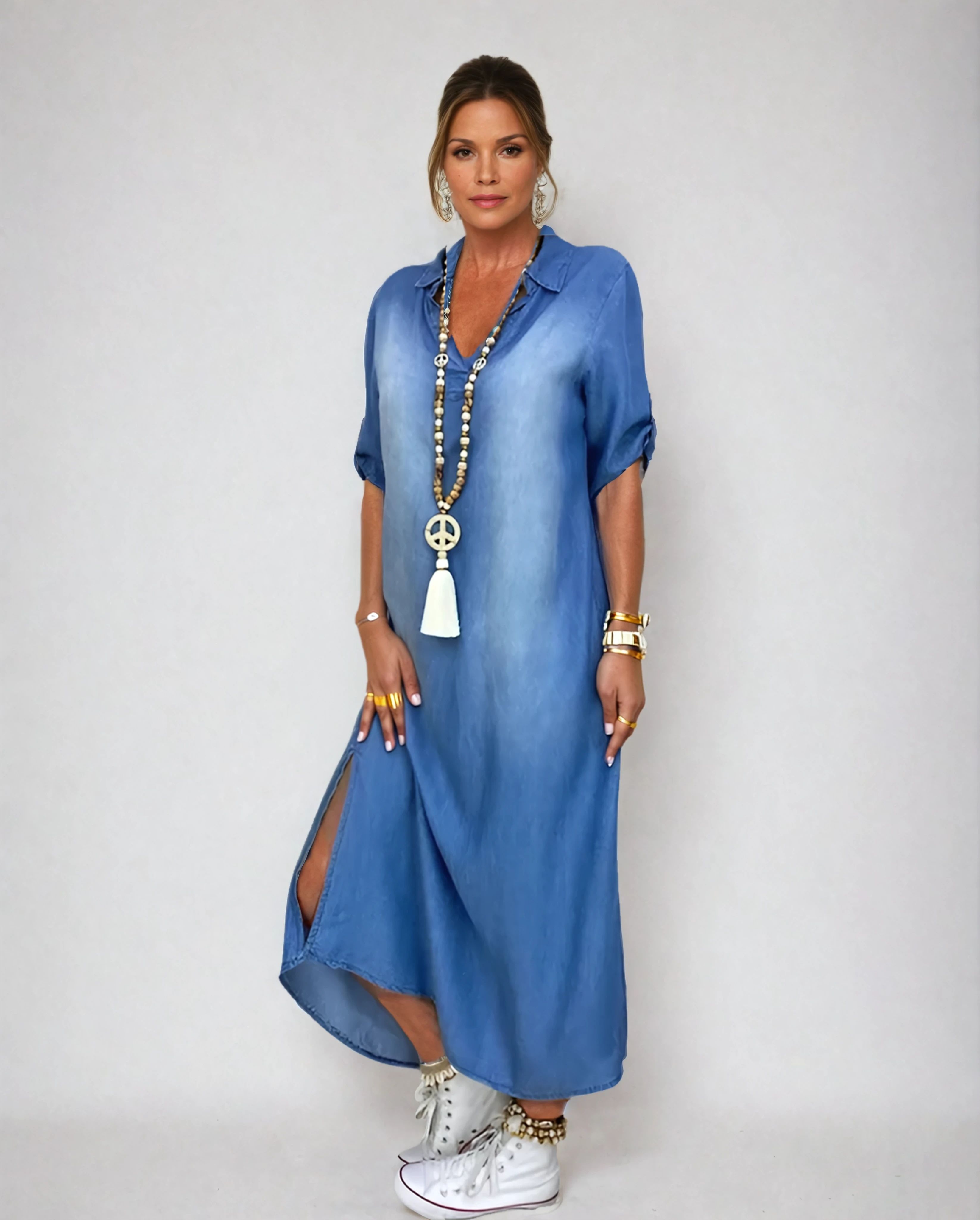 Lea™ | Robe longue en denim avec fente sur le côté